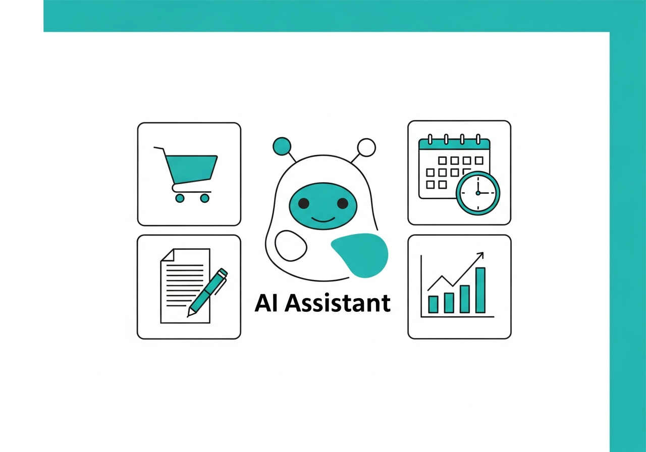 AI 에이전트가 쇼핑·일정·문서·데이터 분석 등 실생활 작업을 돕는 모습을 나타낸 일러스트